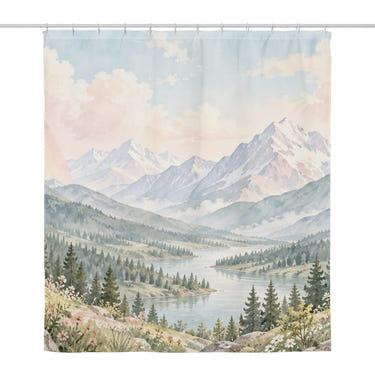 Deer Meadow Rainbow shower curtain, full front view of the 71 x 74 in fabric curtain