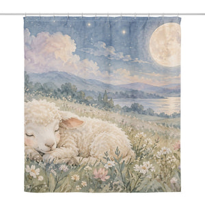 Meadow Lamb shower curtain, full front view of the 71 x 74 in fabric curtain