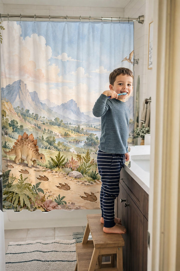 Child brushing teeth in a family bathroom with the Footprint Valley Dinosaur shower curtain