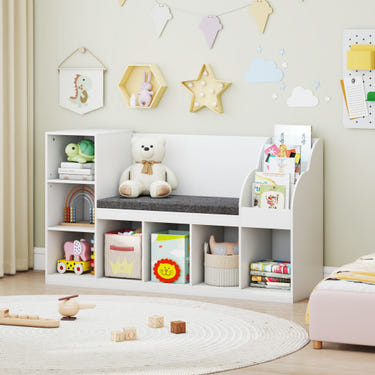 Kids Bookcase with Reading Nook 3-in-1 Toy Organizer in White for stylish kids' storage and playtime.