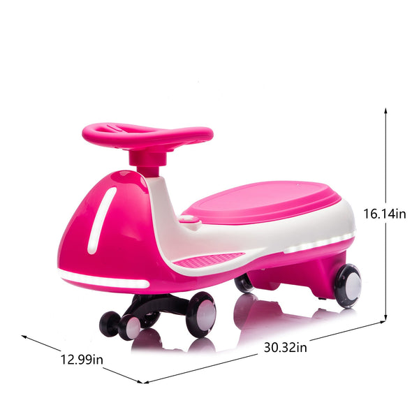 12V Electric Wiggle Ride On Car with dual motors and LED lights, angled view showcasing its fun design and features.