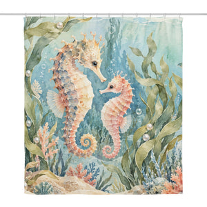 Seahorse Pair Ocean shower curtain, full front view of the 71 x 74 in fabric curtain