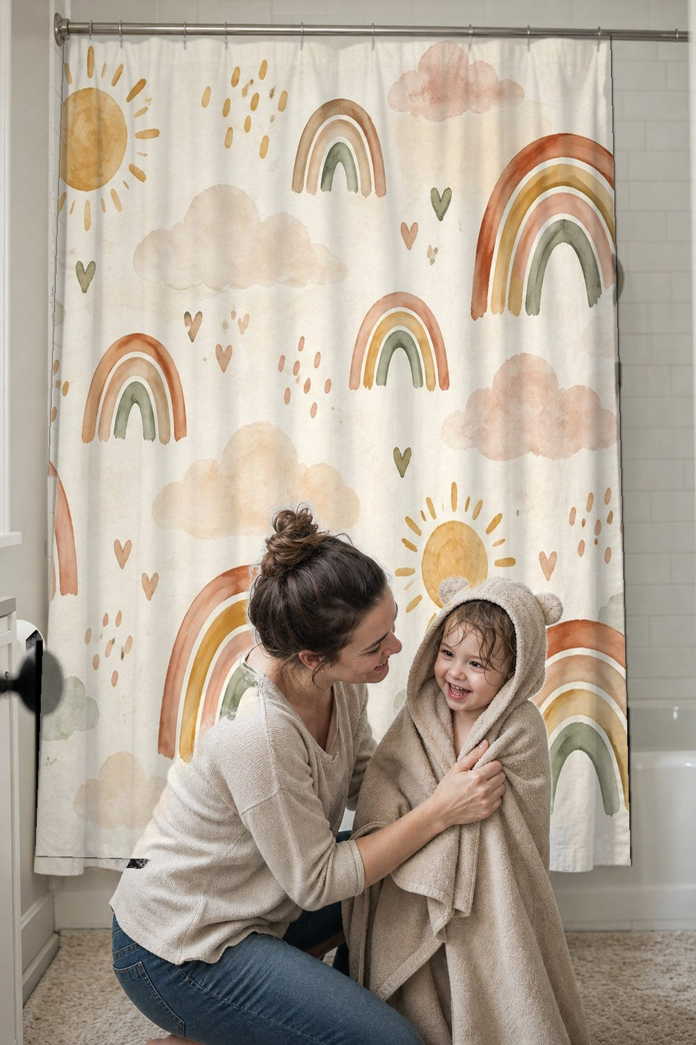 Little Rainbows Pattern shower curtain, full front view of the 71 x 74 in fabric curtain