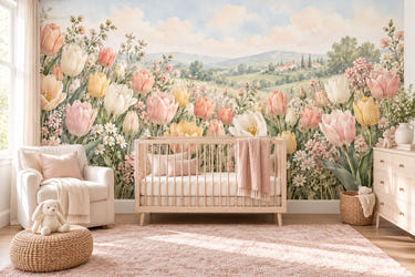 Watercolor Pastel Tulip Field Wall Mural, image 1