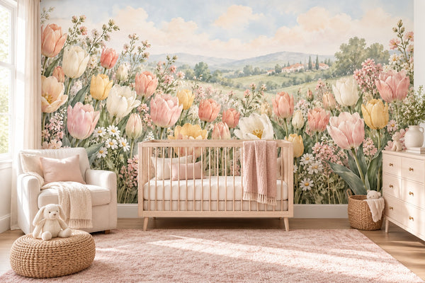 Watercolor Pastel Tulip Field Wall Mural, image 1