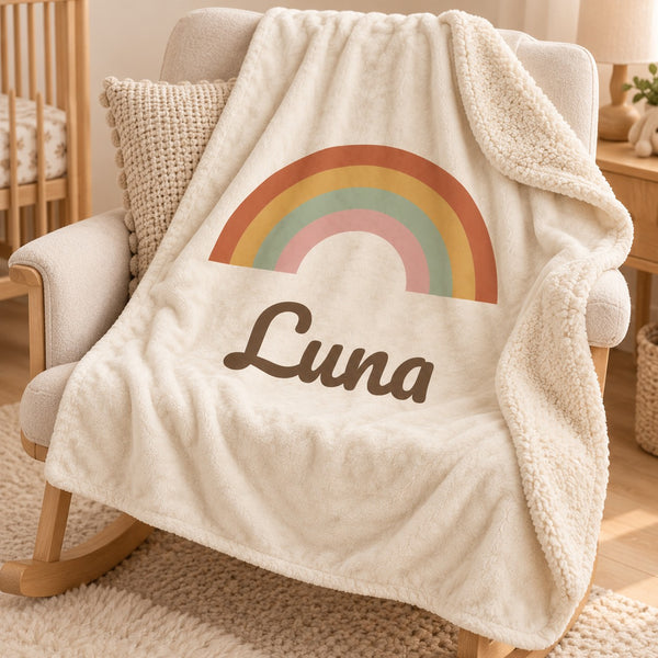 Boho Rainbow sherpa baby blanket, personalized, styled photo 1