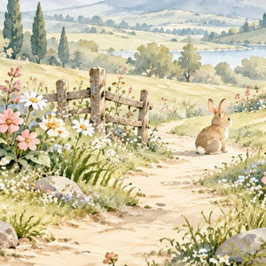 Peaceful Garden Bunny shower curtain, close up of the watercolor artwork