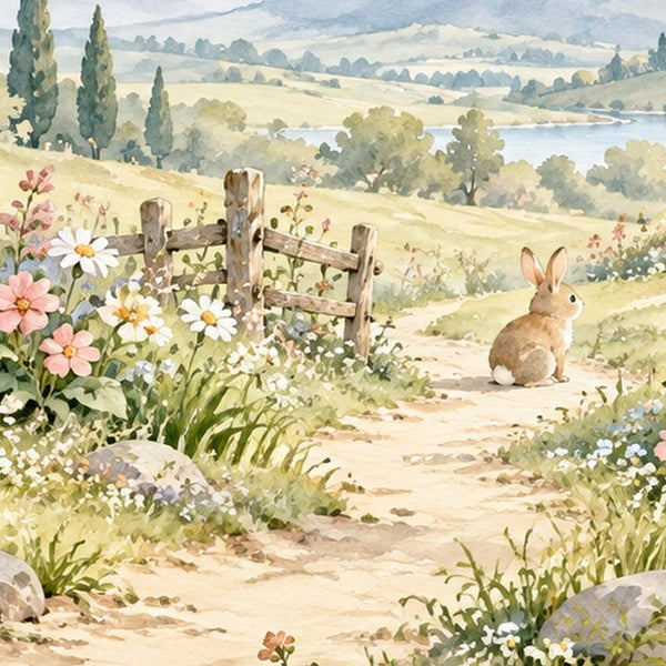 Peaceful Garden Bunny shower curtain, close up of the watercolor artwork