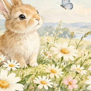 Daisy Meadow Bunny shower curtain, close up of the watercolor artwork