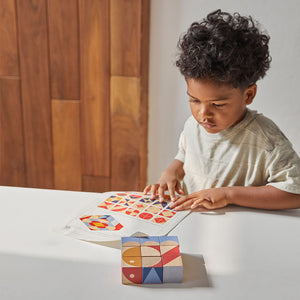 Geo Pattern Cubes for babies, colorful puzzle blocks promoting creativity and learning, shown from angle 2.