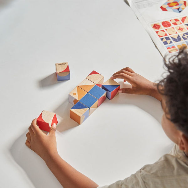 Geo Pattern Cubes for babies, colorful puzzle blocks promoting creativity and learning, viewed from angle 3.