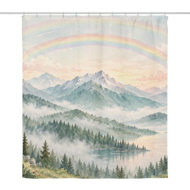 Foggy Forest Rainbow shower curtain, full front view of the 71 x 74 in fabric curtain