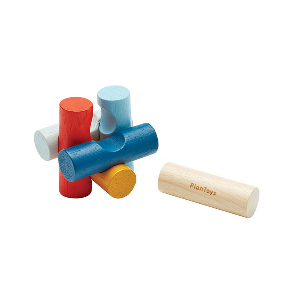 "PlanMini Log Puzzle furniture for babies, showcasing colorful wooden pieces at angle 7."