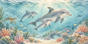 Watercolor Dolphin Family Ocean Wall Mural, image 3
