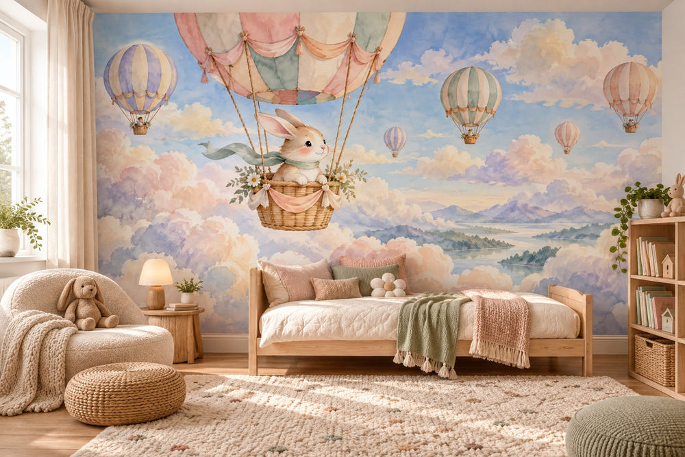 Watercolor Bunny Hot Air Balloon Wall Mural, image 1