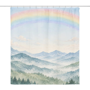Misty Mountain Rainbow shower curtain, full front view of the 71 x 74 in fabric curtain