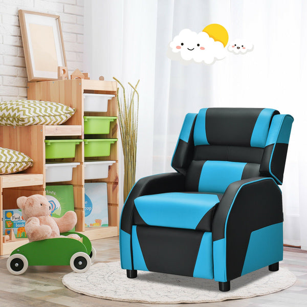 Kids PU leather gaming sofa recliner with headrest and footrest, perfect for comfortable play and sleep.