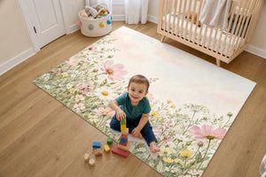 Toddler stacking blocks on the Cosmos and Daisy Meadow kids rug in a bright bedroom