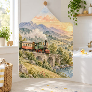 Sunrise Train kids hooded bath towel hanging in a kids bathroom