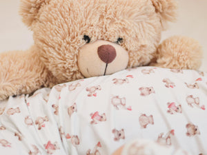 Valentine's Teddy Bear 2pc Bamboo Pajamas for babies, cozy bedding set in soft fabric, angle view showcasing design.