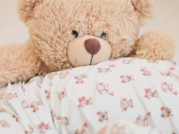 Valentine's Teddy Bear 2pc Bamboo Pajamas for babies, cozy bedding set in soft fabric, angle view showcasing design.