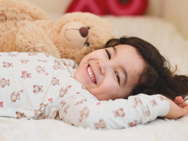 Valentines Teddy Bear 2pc Bamboo Pajamas for babies, cozy bedding for a sweet sleep.