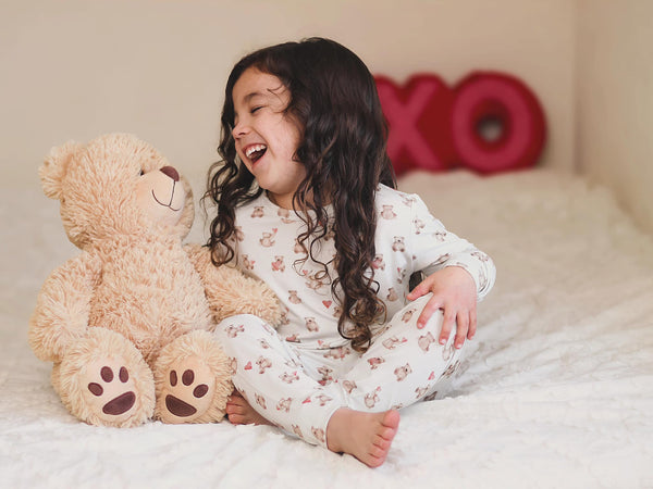 Valentine's Teddy Bear 2pc Bamboo Pajamas for babies, cozy bedding for sweet dreams, shown at angle 10.