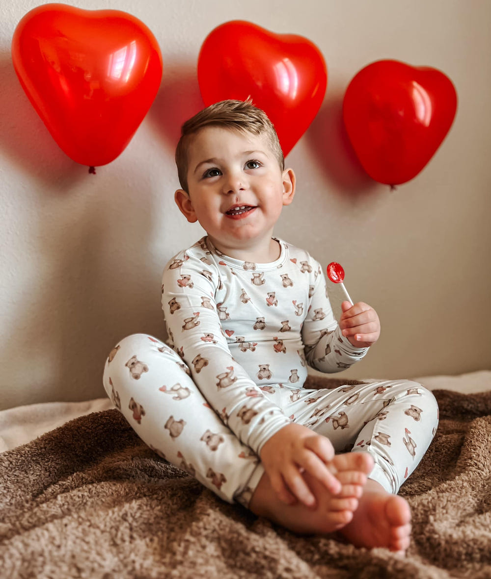 Valentine's Teddy Bear 2pc Bamboo Pajamas for babies, perfect for cozy sleep and adorable style.