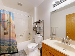 Sunset Flight Hot Air Balloon shower curtain on a tub shower combo in an American family bathroom