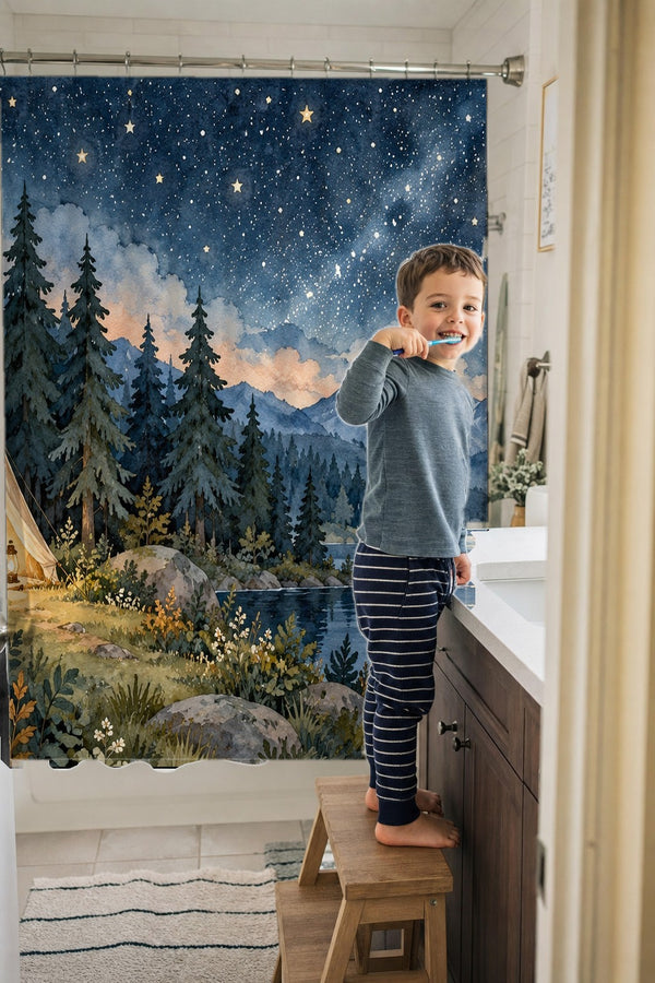 Child brushing teeth in a family bathroom with the Starry Tent Camping shower curtain