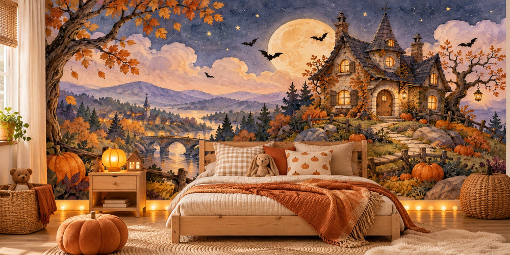 Watercolor Storybook Cottage Halloween Wall Mural, image 1