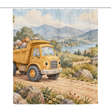 Dump Truck Road shower curtain, full front view of the 71 x 74 in fabric curtain