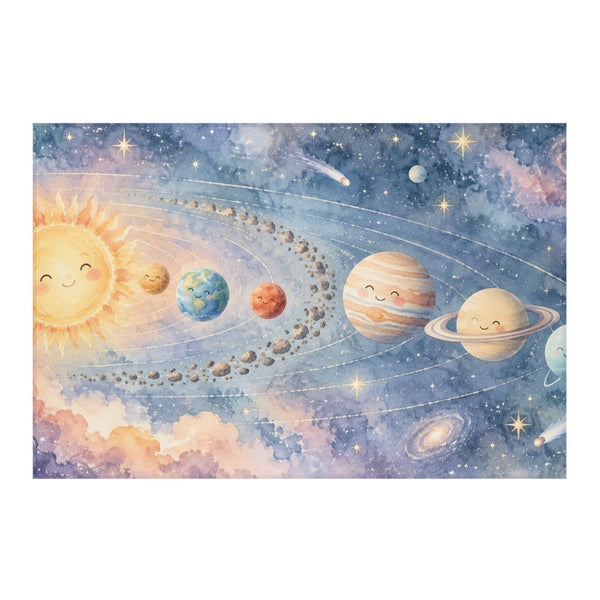 Pastel Planets kids rug, full view of the printed design