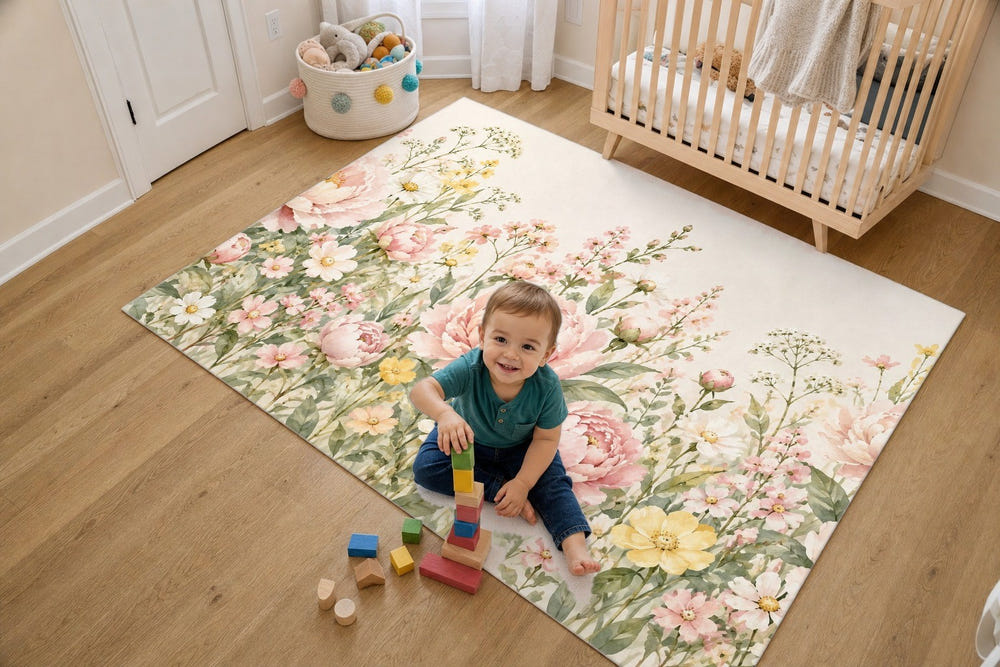 Peony Garden kids rug, full view of the printed design