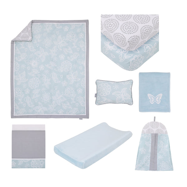 NoJo Dreamer Elephant Blue, Grey 8 Piece Nursery Crib Bedding Set