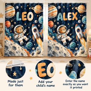 Add your child's name to the Space Explorers shower curtain