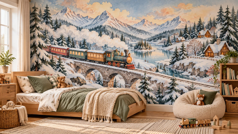Watercolor Winter Train Wall Mural, image 1