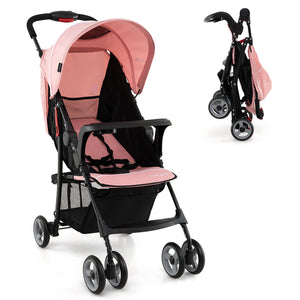 Toddler travel stroller with canopy and adjustable backrest, perfect for airplane trips. Angle 34 view.
