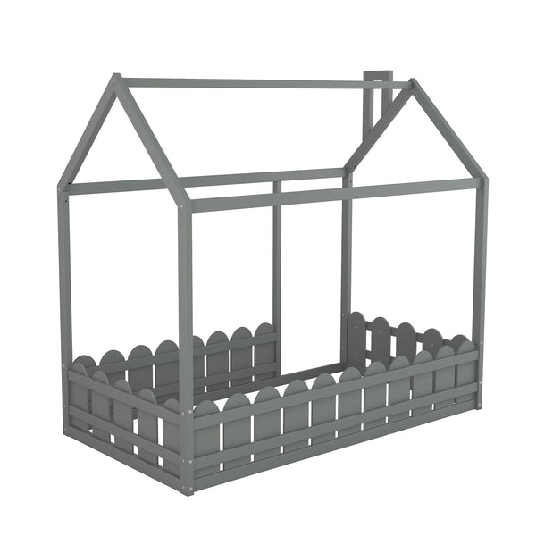 {Slats are not included}Twin Size Wood Bed House Bed Frame with Fence for Kids Teens Girls Boys {Gray}