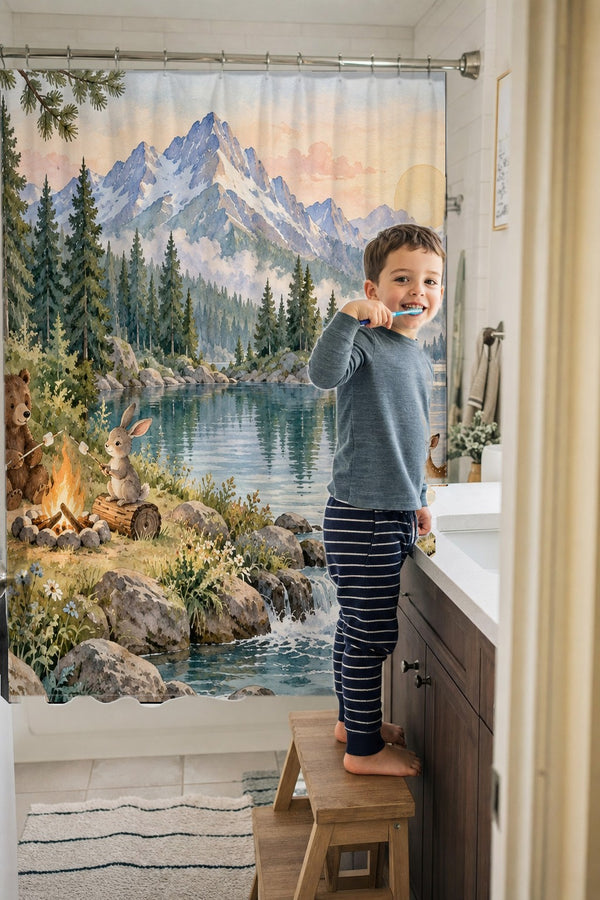 Child brushing teeth in a family bathroom with the Woodland Adventure Camping shower curtain