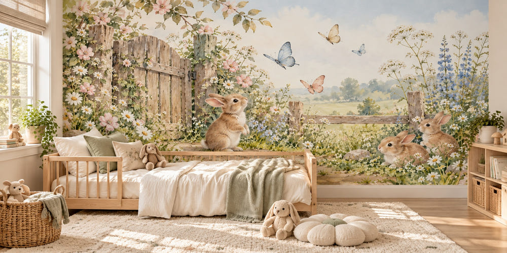 Watercolor Butterfly Gate Bunny Wall Mural, image 1