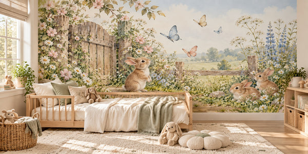 Watercolor Butterfly Gate Bunny Wall Mural, image 2