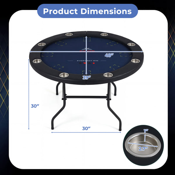 48 Inch Foldable Poker Table with 8 Cup Holders and Padded Edges