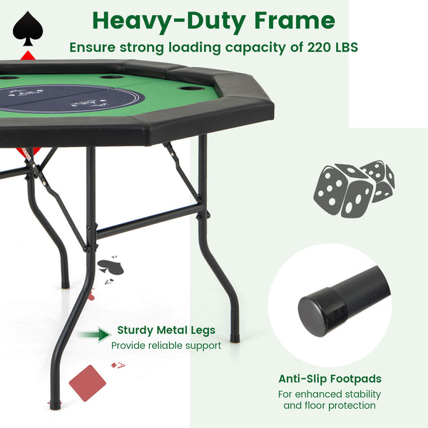 48 Inches Foldable Poker Table with Padded Rails and Cup Holders