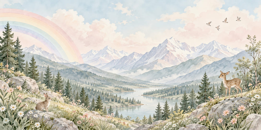 Watercolor Deer Meadow Rainbow Wall Mural, image 1