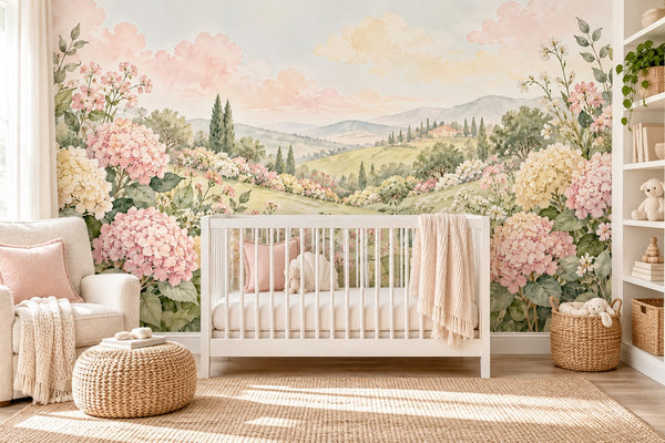 Watercolor Hydrangea Garden Wall Mural, image 1
