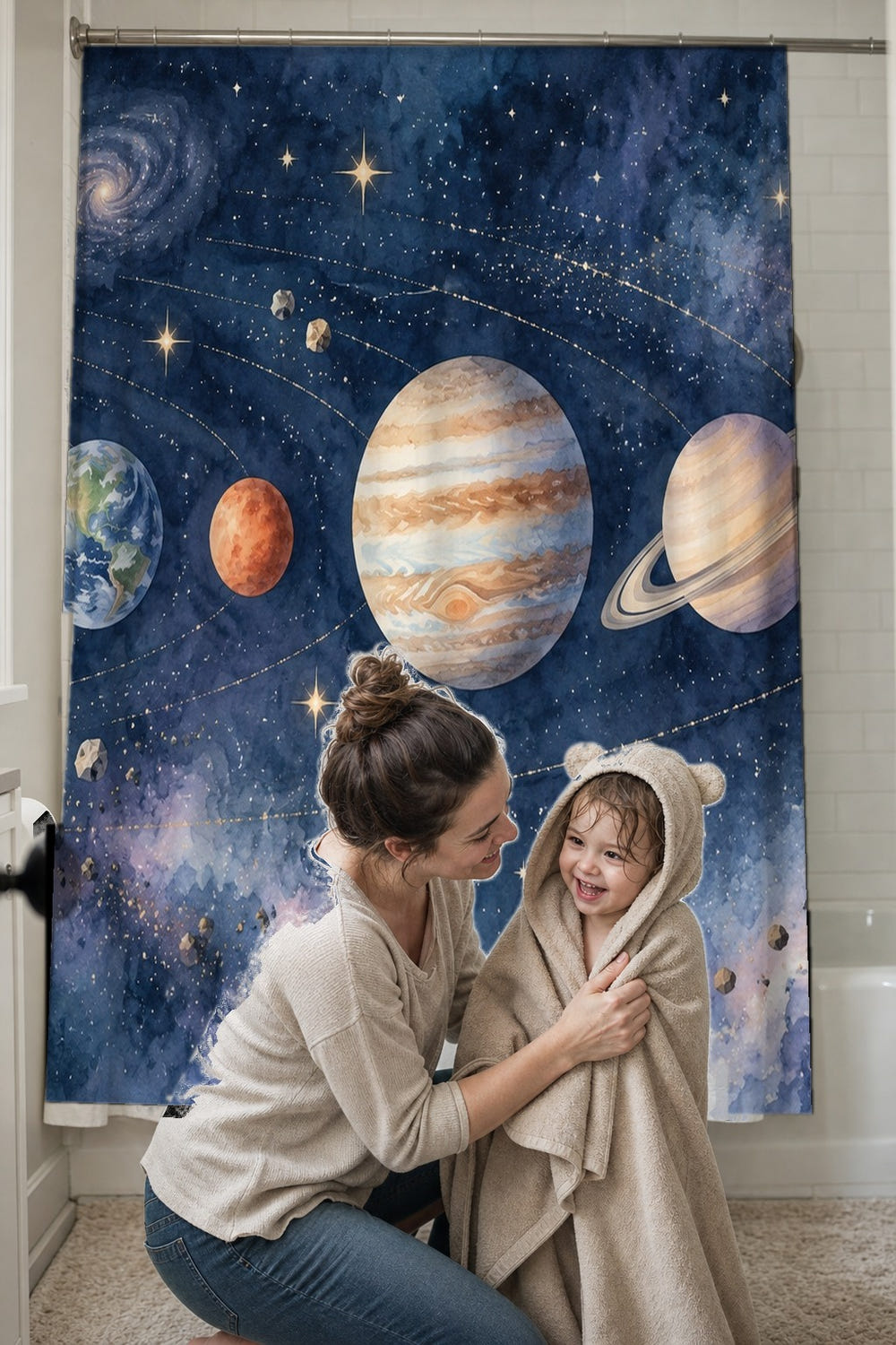 Solar System shower curtain, full front view of the 71 x 74 in fabric curtain