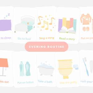 "Night Time Routine Flashcards for babies, promoting better sleep and bedtime habits in a cozy bedding setting."