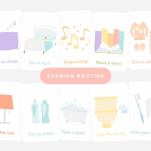 "Night Time Routine Flashcards for babies, promoting better sleep and bedtime habits in a cozy bedding setting."