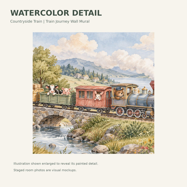 Watercolor Countryside Train Wall Mural, image 4